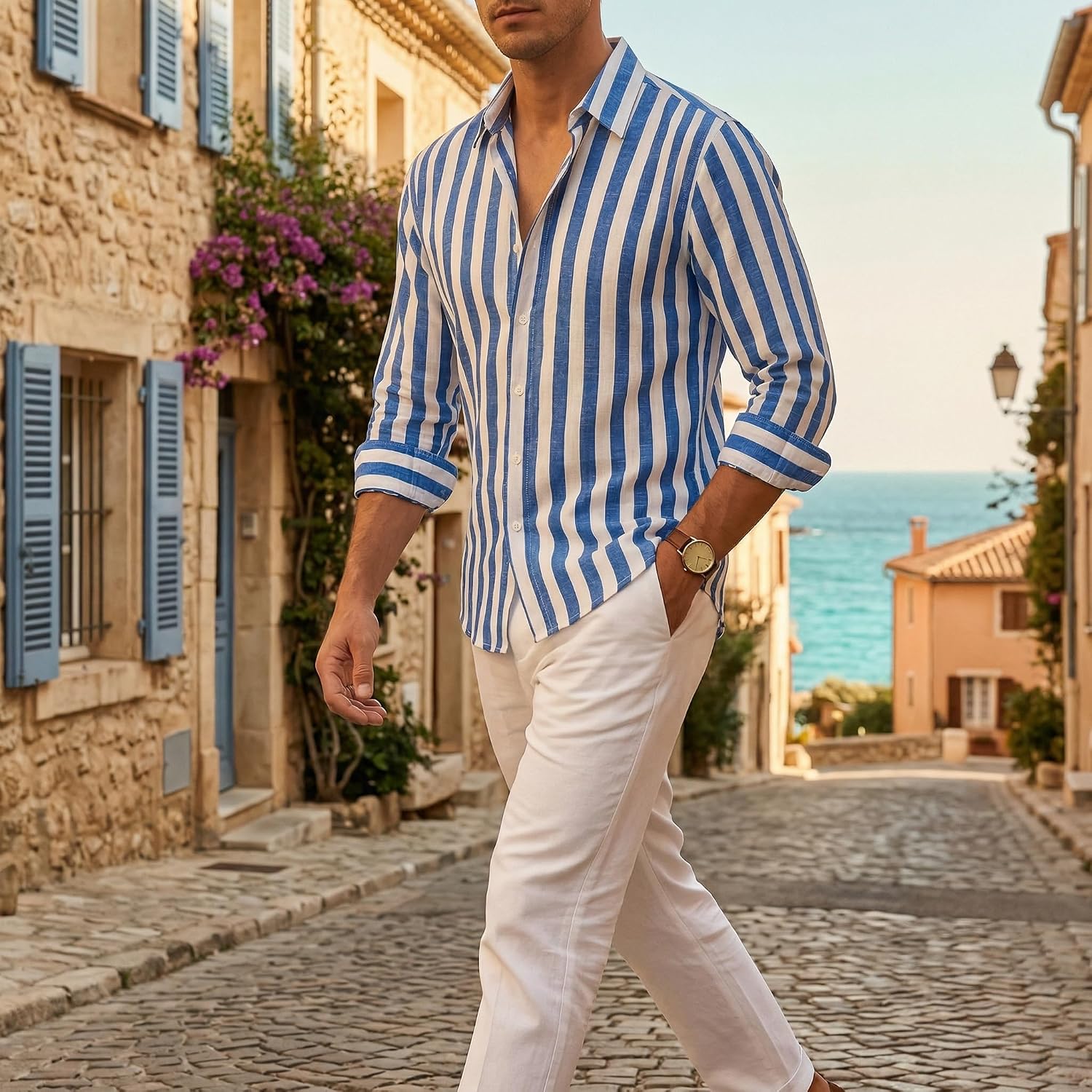 Marco Chemise Homme à Rayures – Chemise Légère à Boutons pour l'Été