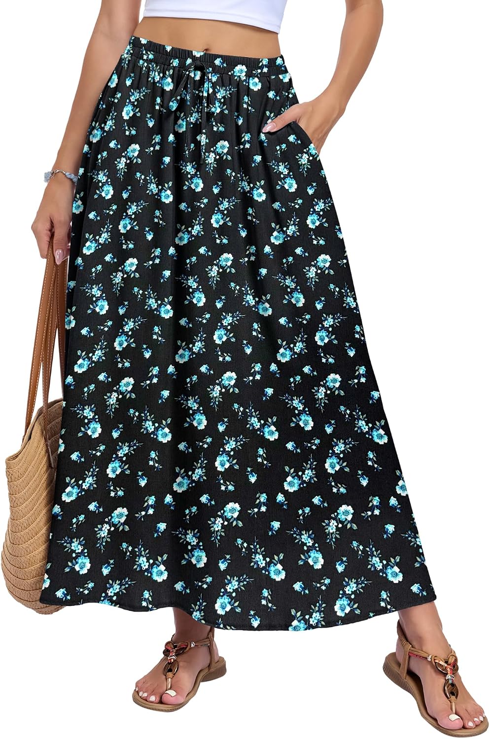 Solenne Jupe Longue – Jupe Maxi Taille Haute Fluide avec Poches Style Bohème d'Été