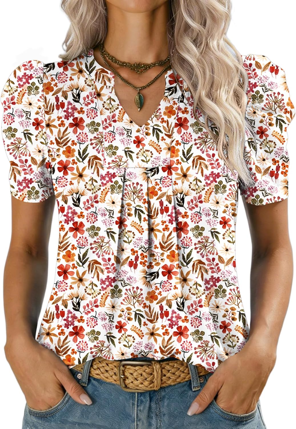 Alessia Haut Femme – Blouse à Col V avec Manches Courtes Bouffantes