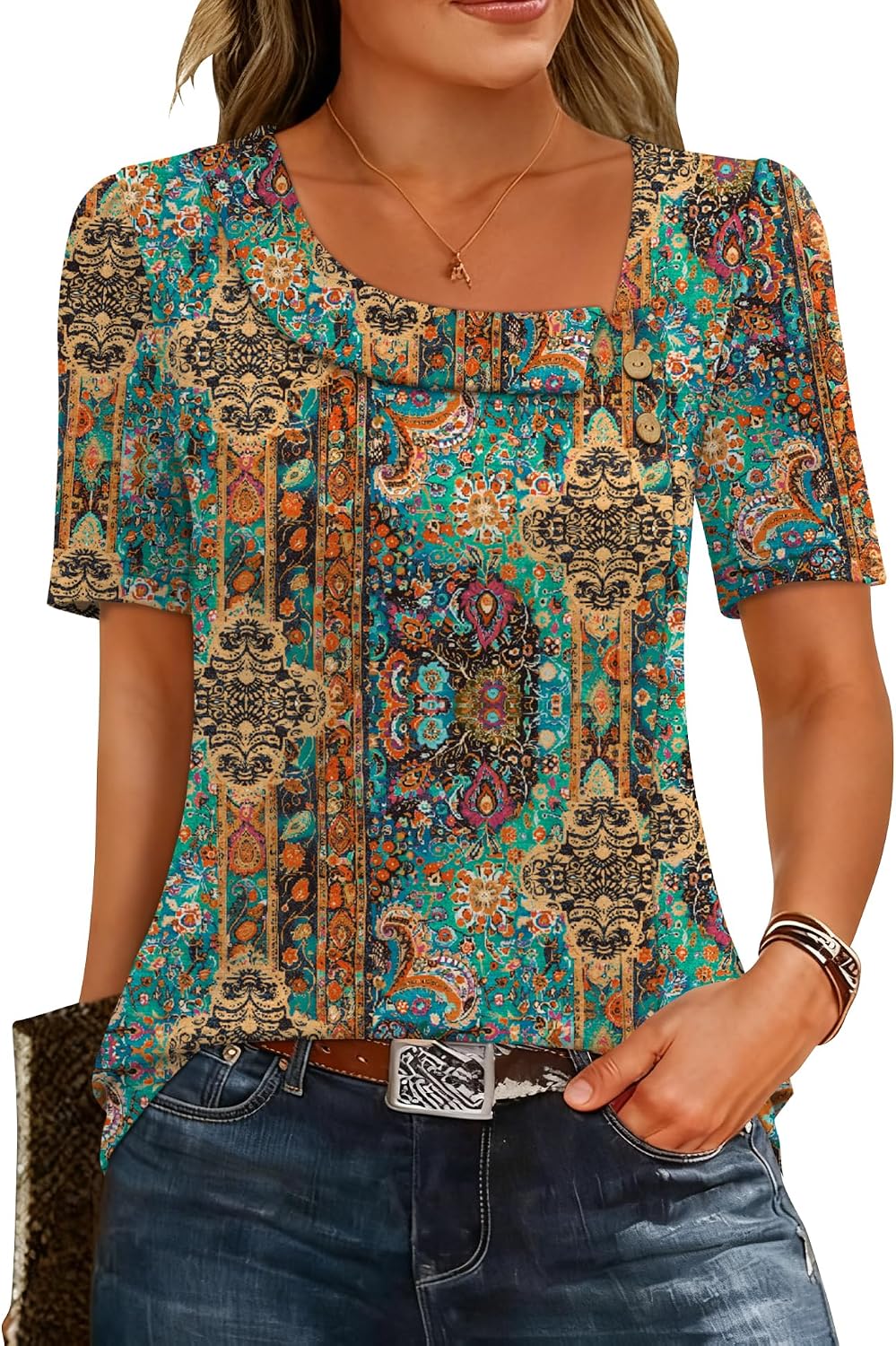 Viviana Haut Femme – Blouse à Col Asymétrique avec Manches Courtes et Boutons Décoratifs