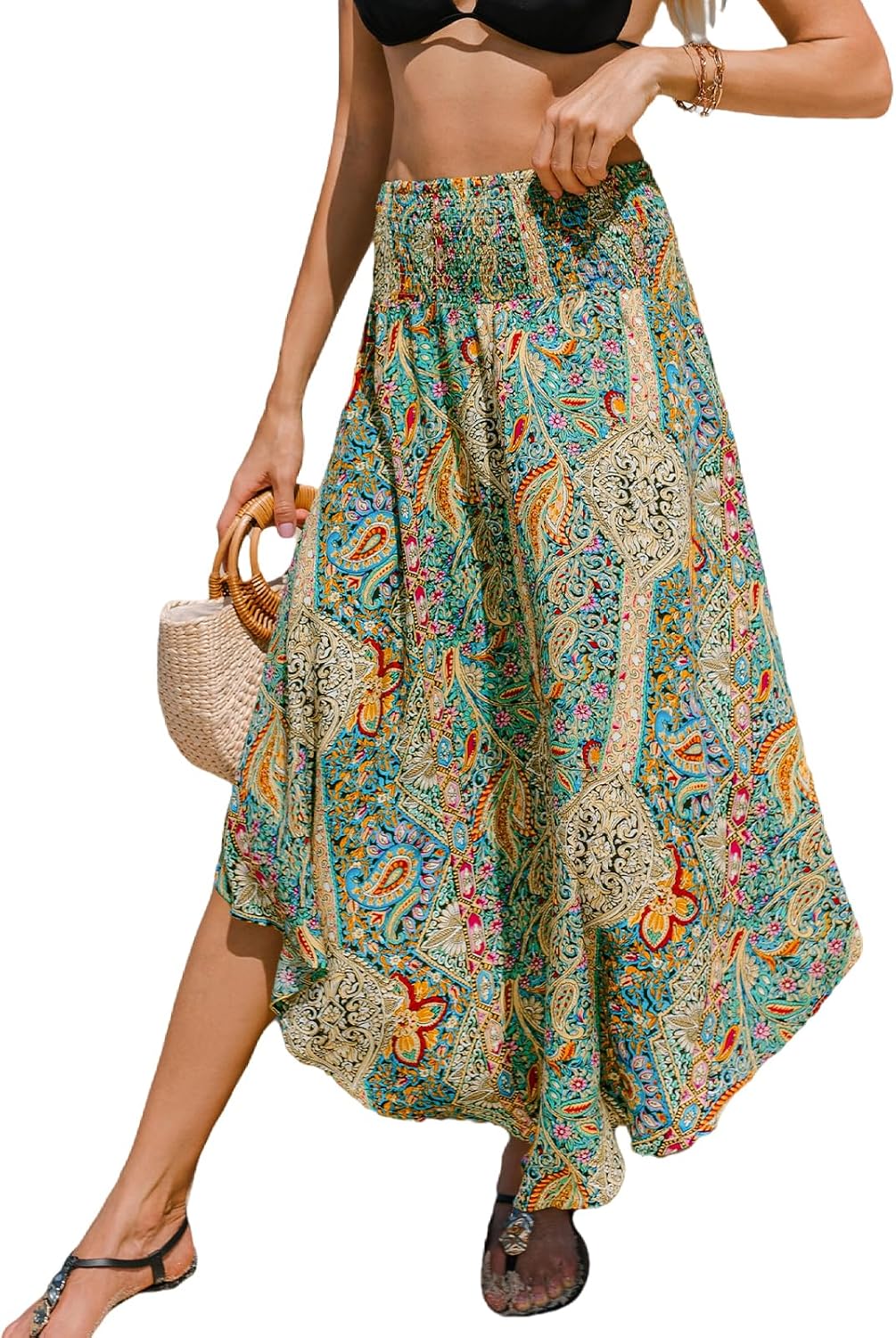Noémie Jupe Maxi Bohème – Jupe Longue Taille Haute Froncée à Motif Abstrait