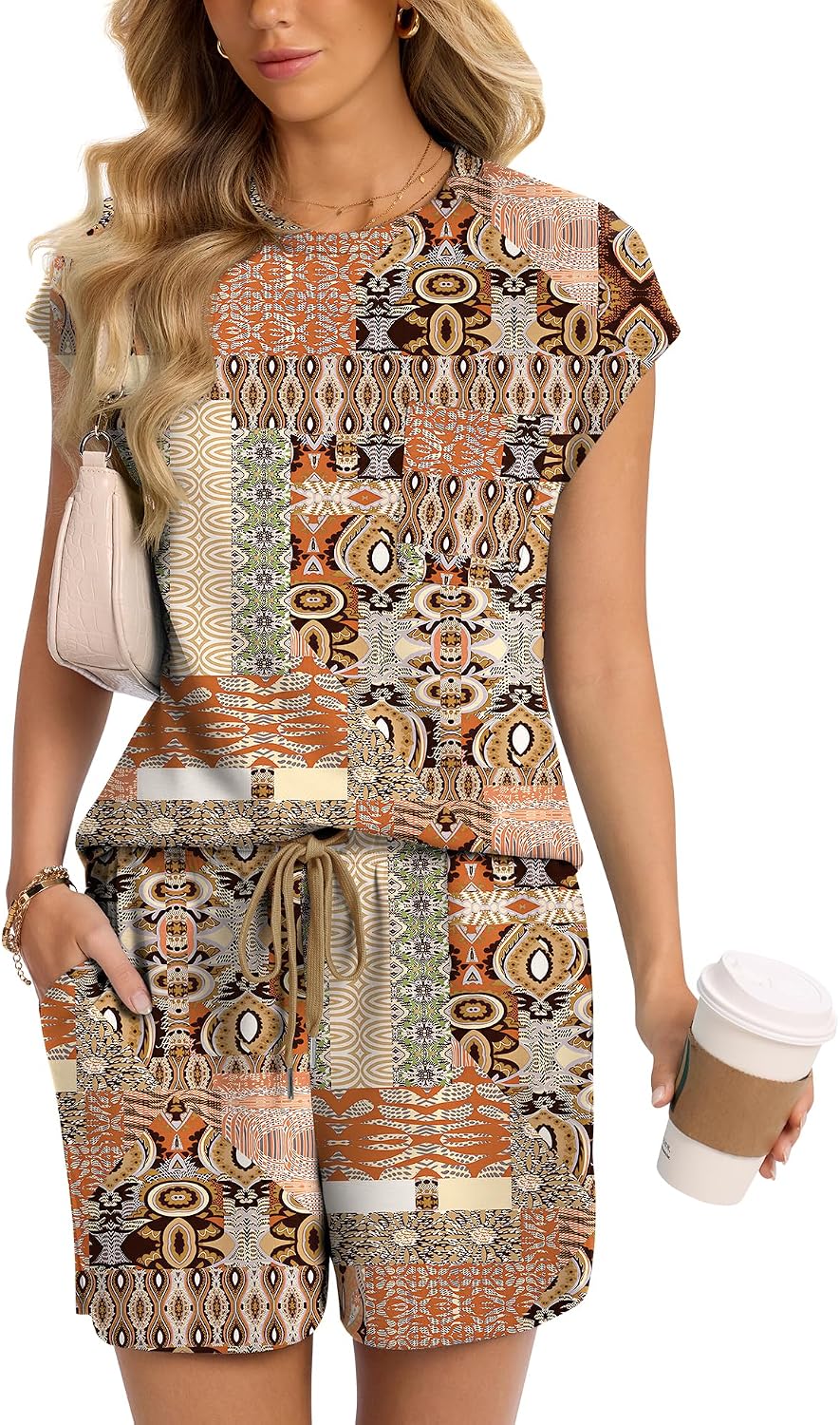 Isabella Ensemble Femme – Ensemble Deux Pièces avec Haut à Manches Courtes et Short à Cordon de Serrage