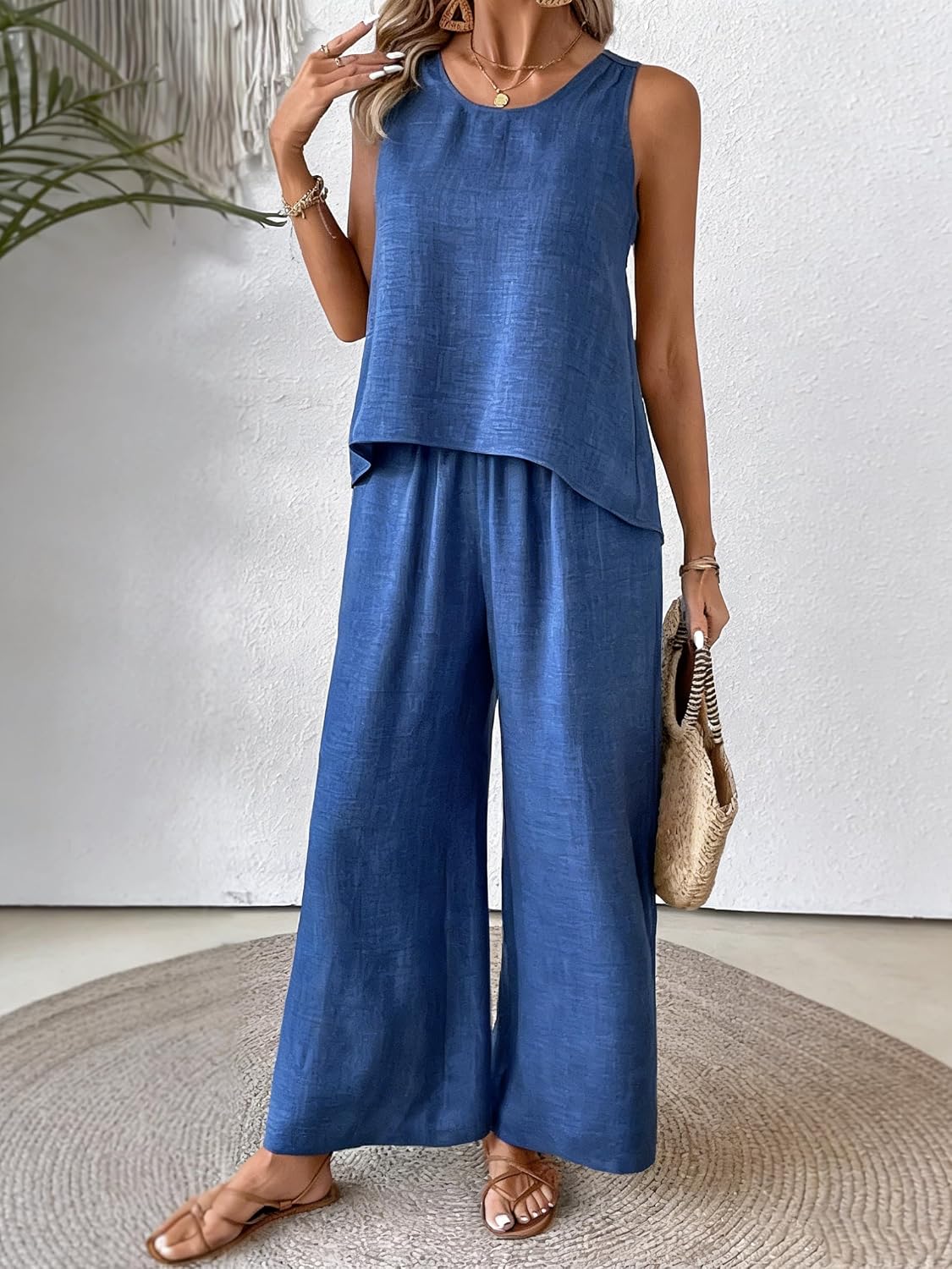 Monique Ensemble Femme en Lin Mélangé – Débardeur Fluide et Pantalon Large