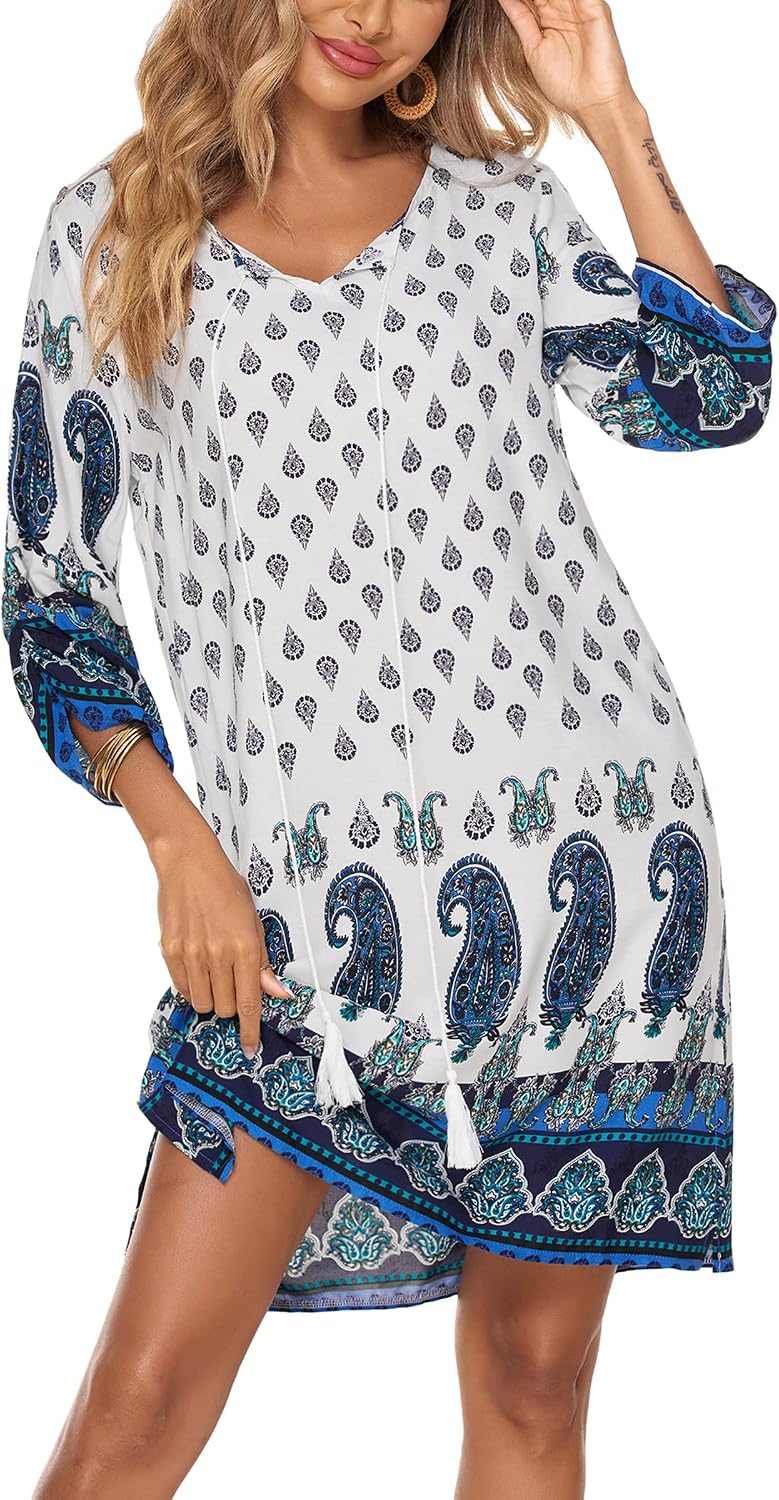 Thaïs Robe Tunique – Robe Bohème Fleurie à Col V et Manches 3/4