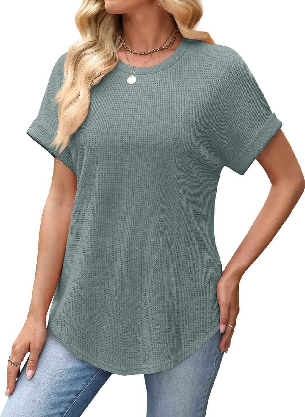 Amandine Women's Top – Textured T-Shirt with Rolled Sleeves and Rounded Hem