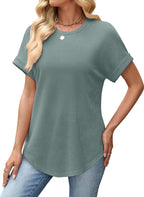 Amandine Women's Top – Textured T-Shirt with Rolled Sleeves and Rounded Hem