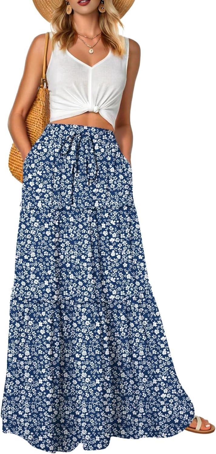 Léonie Jupe Longue Fleurie Bohème – Jupe Maxi Taille Haute Fluide avec Poches