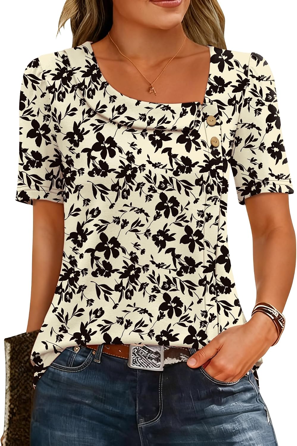 Viviana Haut Femme – Blouse à Col Asymétrique avec Manches Courtes et Boutons Décoratifs