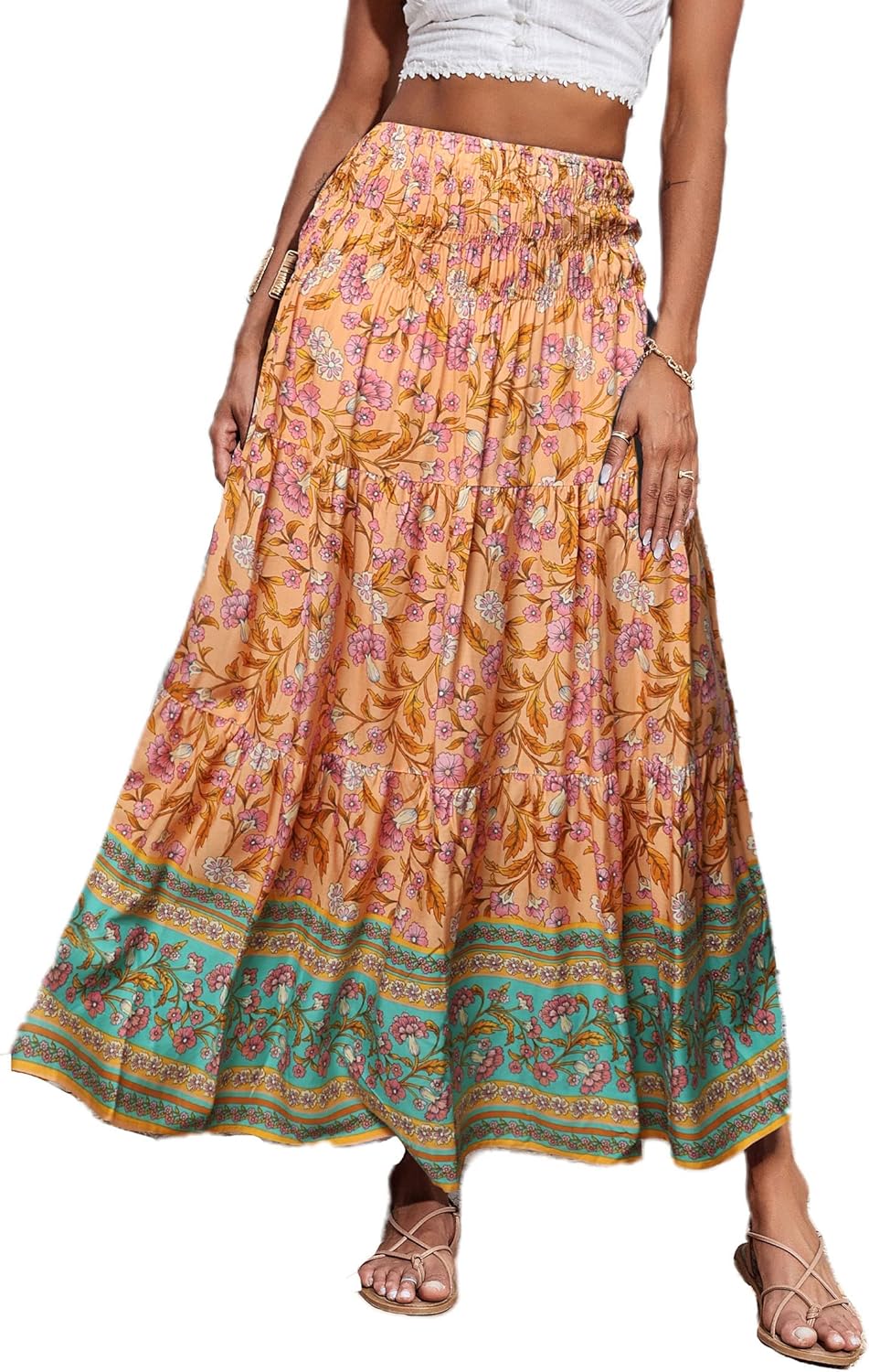 Maëlys Jupe Longue Bohème Fleurie – Jupe Maxi Évasée Taille Haute à Taille Élastique