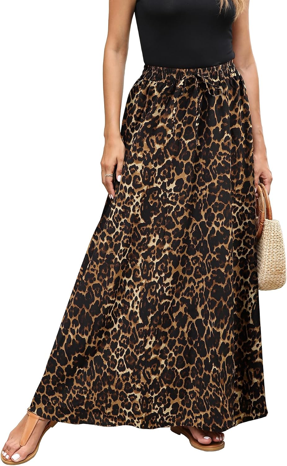 Estelle Jupe Maxi Imprimé Léopard – Jupe Longue Taille Élastique avec Cordon