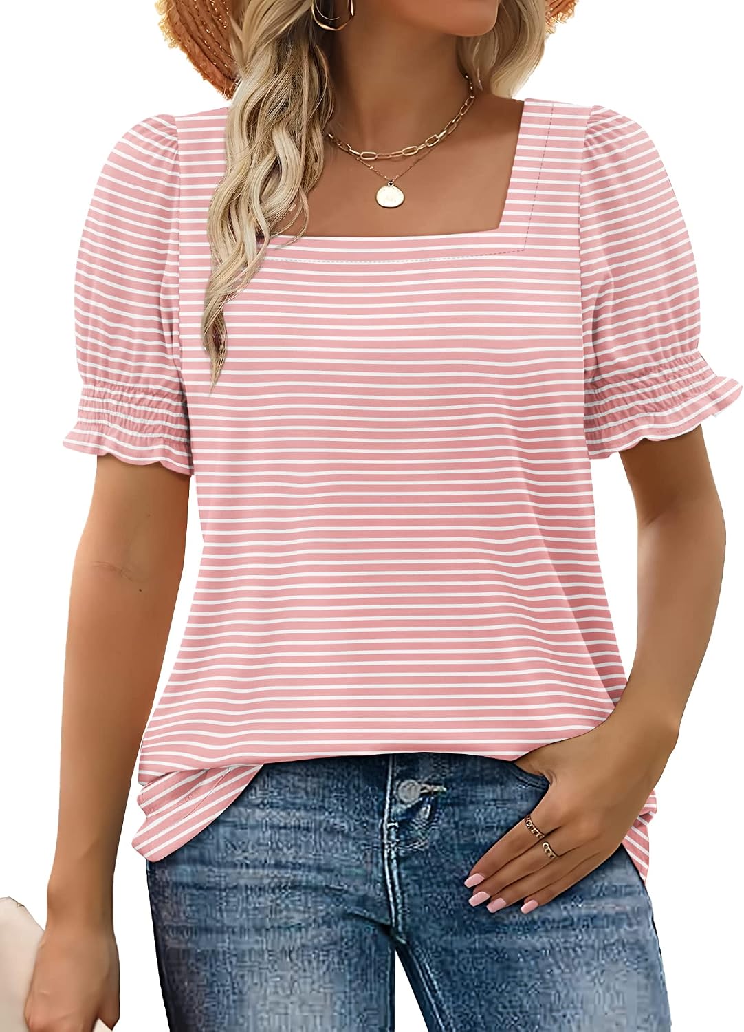 Chiara Haut Femme – T-Shirt à Col Carré avec Manches Volantées