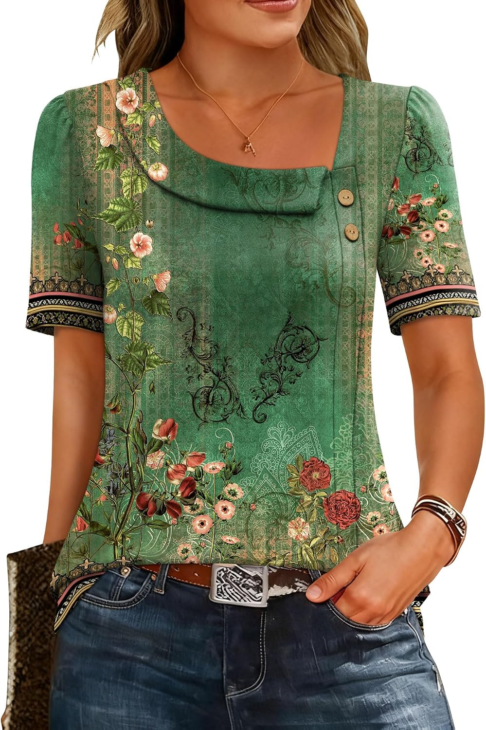 Viviana Haut Femme – Blouse à Col Asymétrique avec Manches Courtes et Boutons Décoratifs