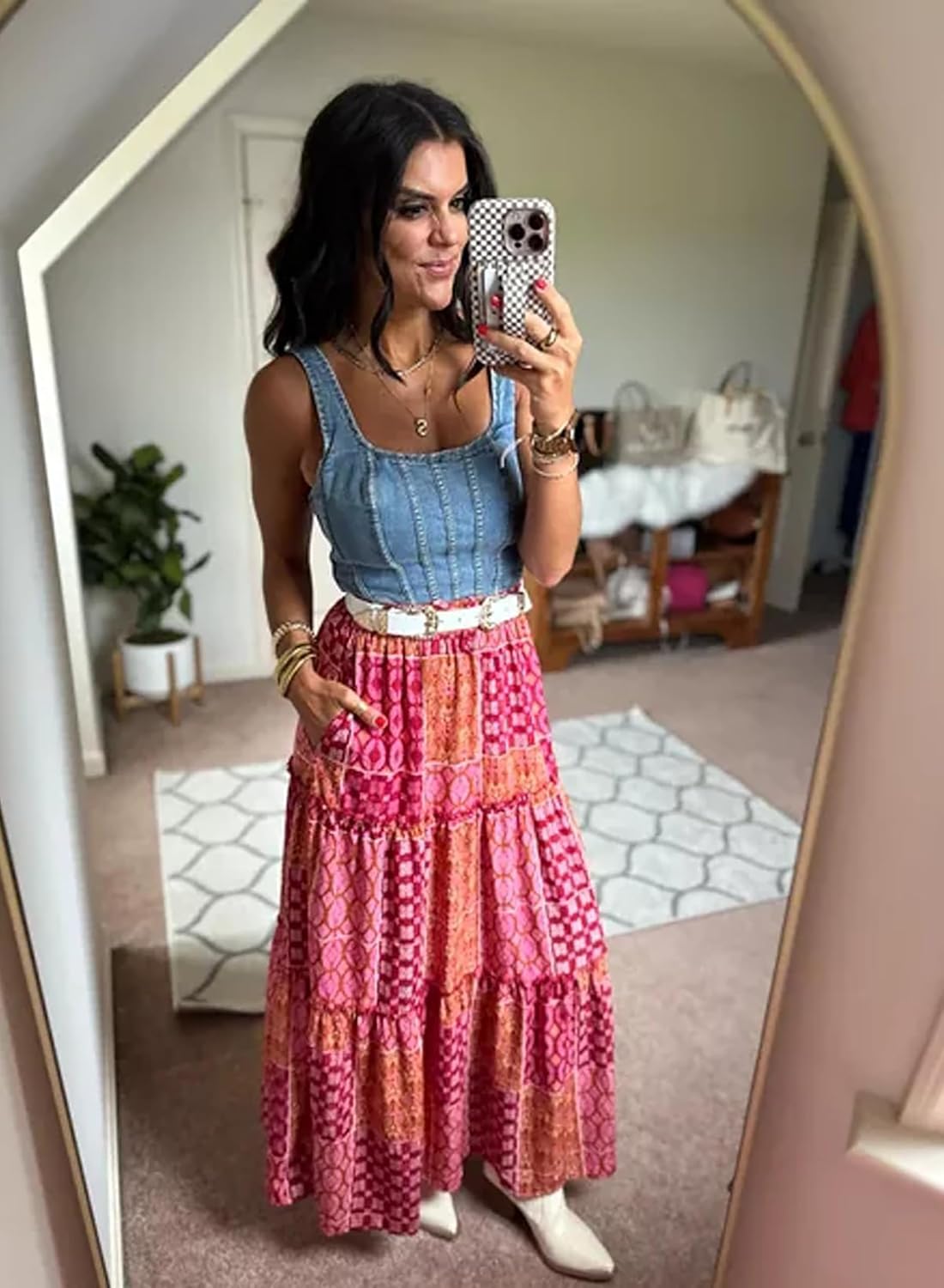 Anaïs Jupe Midi – Jupe Bohème Fluide Taille Haute avec Poches et Coupe Trapèze