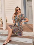 Monique Robe Midi Femme – Imprimé Bohème à Col V avec Manches Courtes