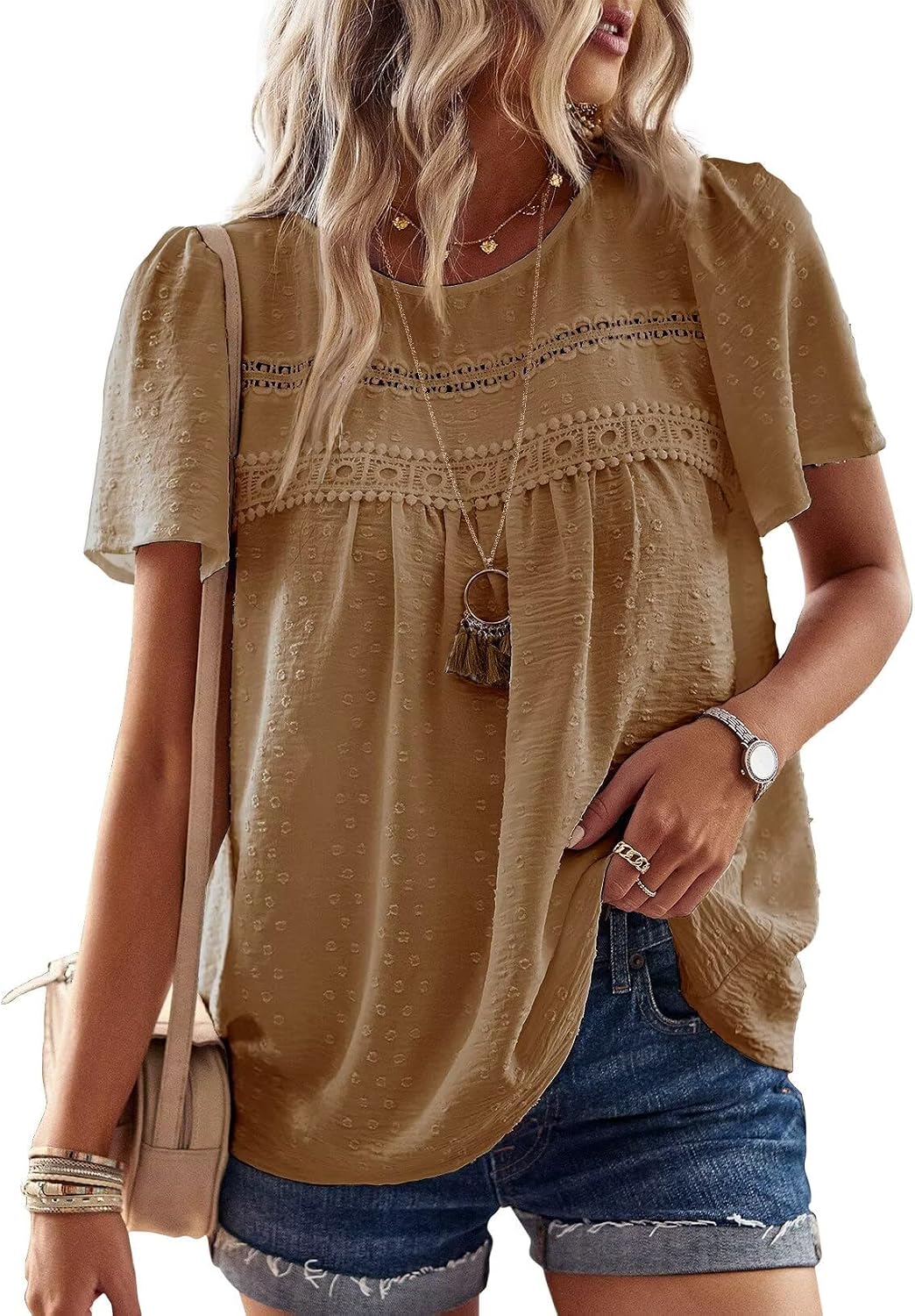 Elvira Haut Femme – Blouse Fluide à Col Rond avec Dentelle Crochetée et Manches Courtes