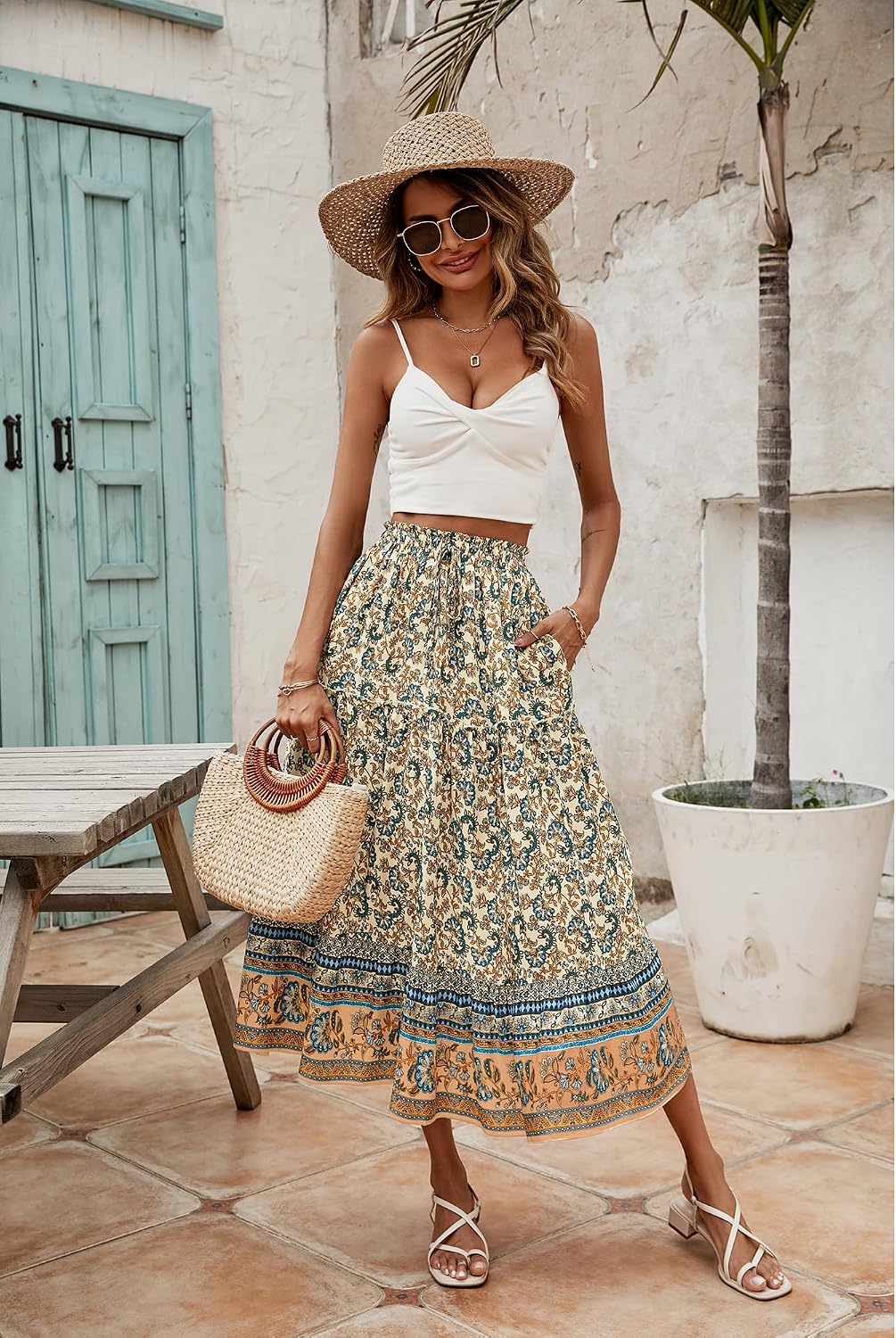 Évelyne Jupe Maxi – Jupe Longue Bohème Fleurie Taille Haute avec Poches