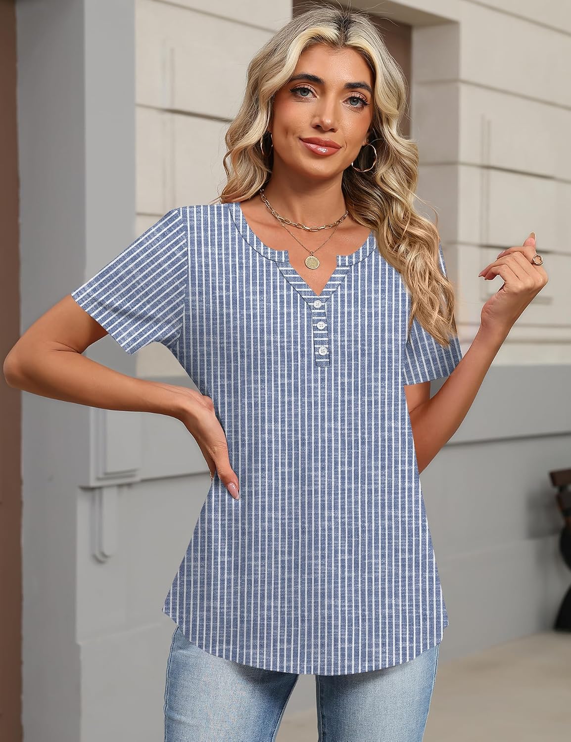 Lorraine T-Shirt Henley Femme – Haut Décontracté à Col V et Manches Courtes