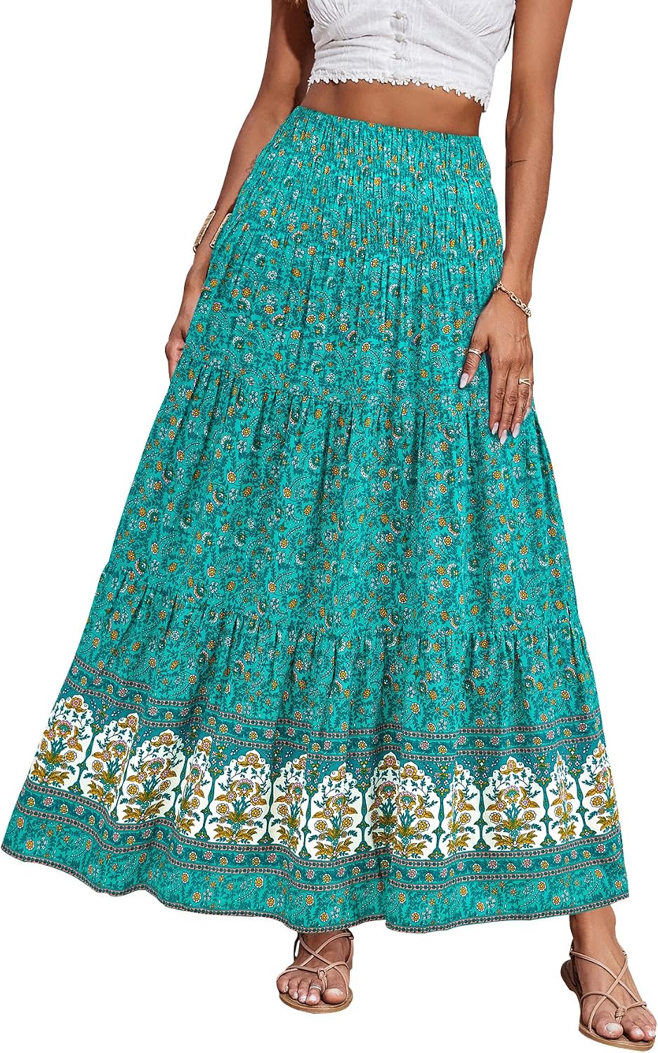 Maëlys Jupe Longue Bohème Fleurie – Jupe Maxi Évasée Taille Haute à Taille Élastique