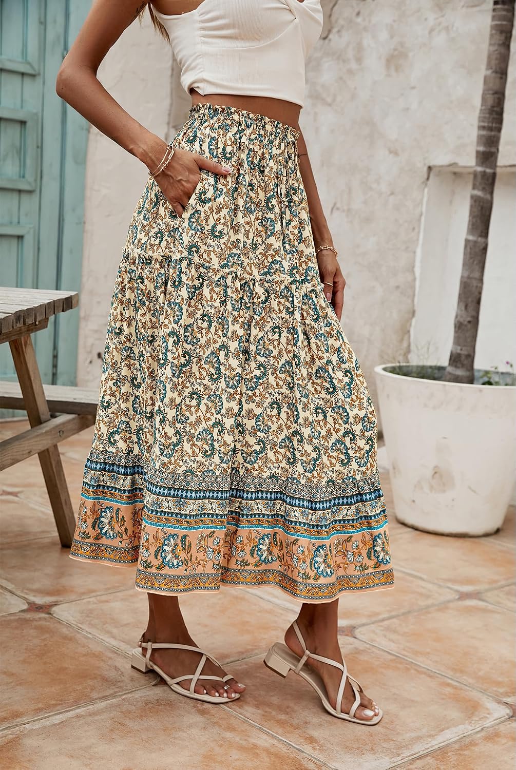 Évelyne Jupe Maxi – Jupe Longue Bohème Fleurie Taille Haute avec Poches