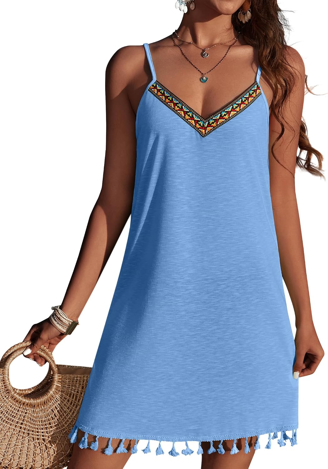 Maëlle Robe de Plage Femme – Robe Courte Bohème à Col V avec Bretelles Réglables