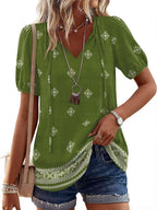 Caterina Blouse Femme – Blouse Bohème à Col V avec Liens à Nouer et Manches Courtes Bouffantes