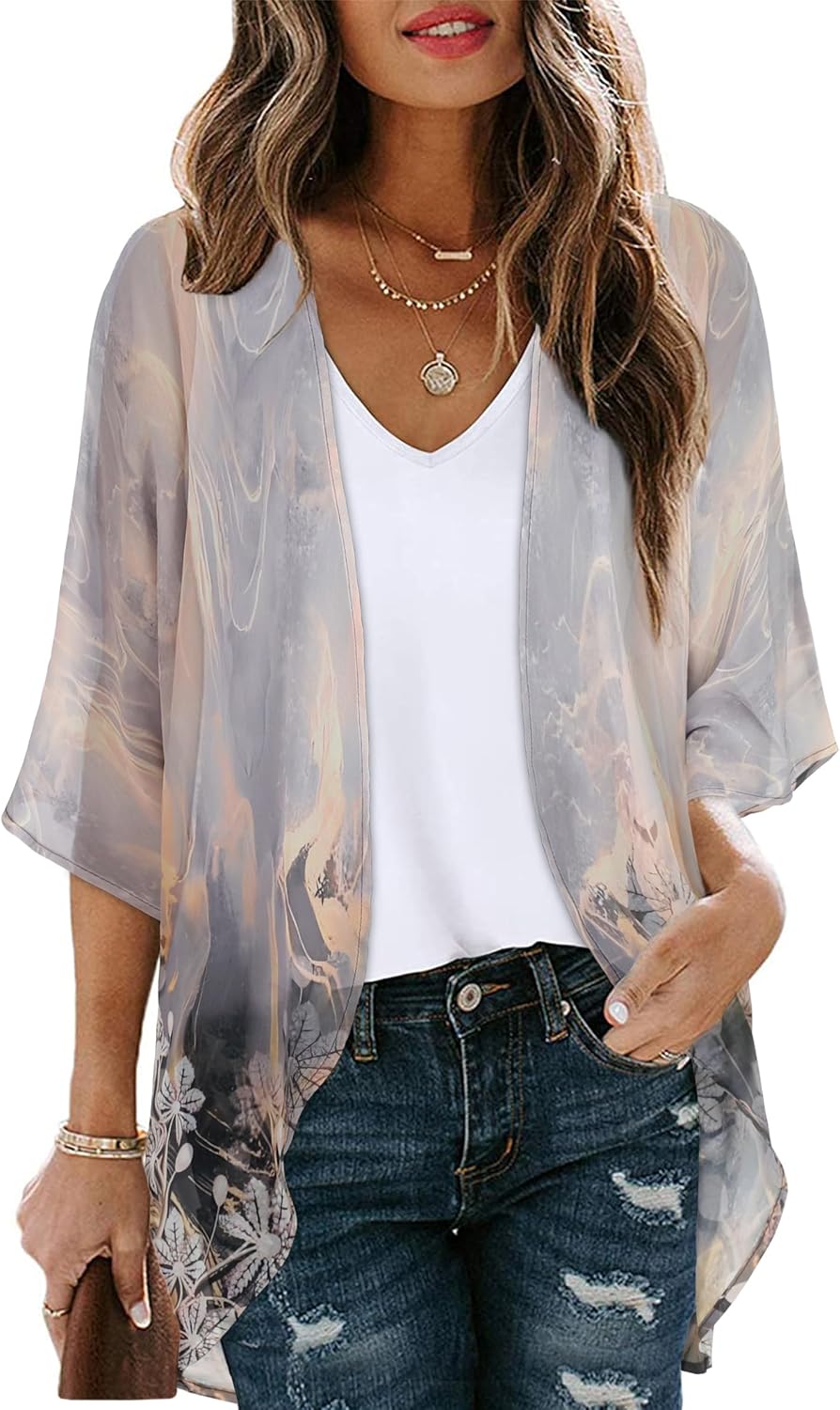 Noemi Kimono Femme – Kimono Léger en Mousseline à Imprimé Floral avec Manches 3/4