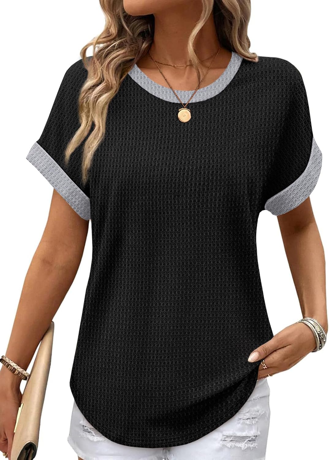 Amandine Haut Femme – T-Shirt Gaufré à Manches Revers et Ourlet Arrondi