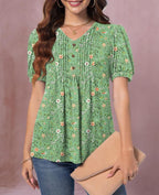 Lucille Blouse Femme – Haut à Col V avec Manches Bouffantes et Détails Boutonnés
