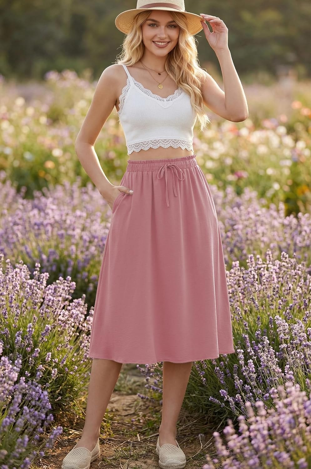 Amandine Jupe Midi – Jupe Trapèze Taille Haute avec Poches Style Élégant d'Été