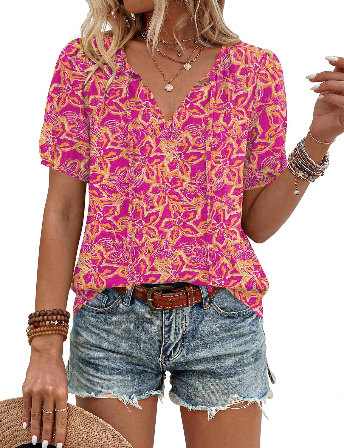 Caterina Blouse Femme – Blouse Bohème à Col V avec Liens à Nouer et Manches Courtes Bouffantes