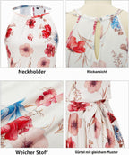 Ophélie Robe Femme – Robe Mi-Longue à Col Halter avec Volants et Poches
