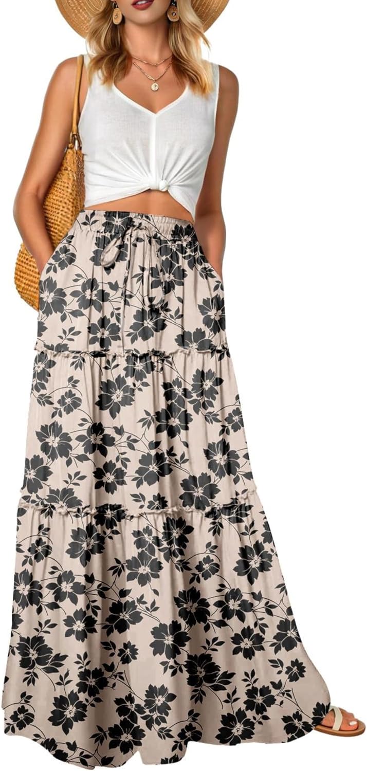 Léonie Jupe Longue Fleurie Bohème – Jupe Maxi Taille Haute Fluide avec Poches