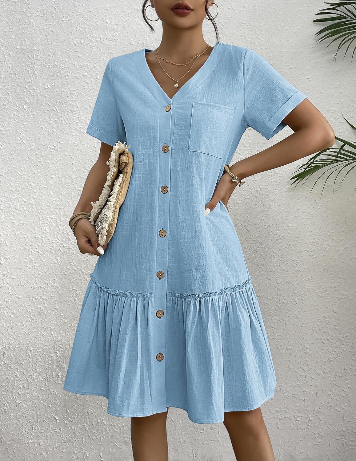 Lison Robe d'Été – Robe Courte en Mélange Coton-Lin à Col V Boutonné
