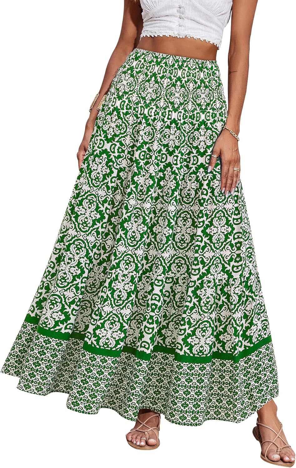 Maëlys Jupe Longue Bohème Fleurie – Jupe Maxi Évasée Taille Haute à Taille Élastique