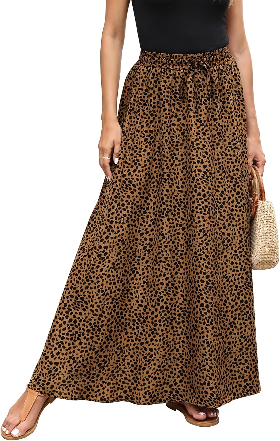 Estelle Jupe Maxi Imprimé Léopard – Jupe Longue Taille Élastique avec Cordon