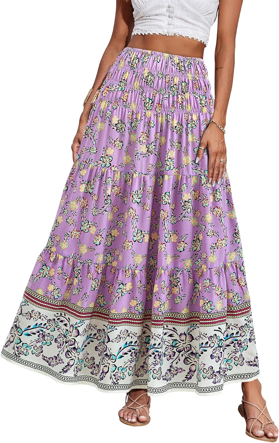 Maëlys Jupe Longue Bohème Fleurie – Jupe Maxi Évasée Taille Haute à Taille Élastique