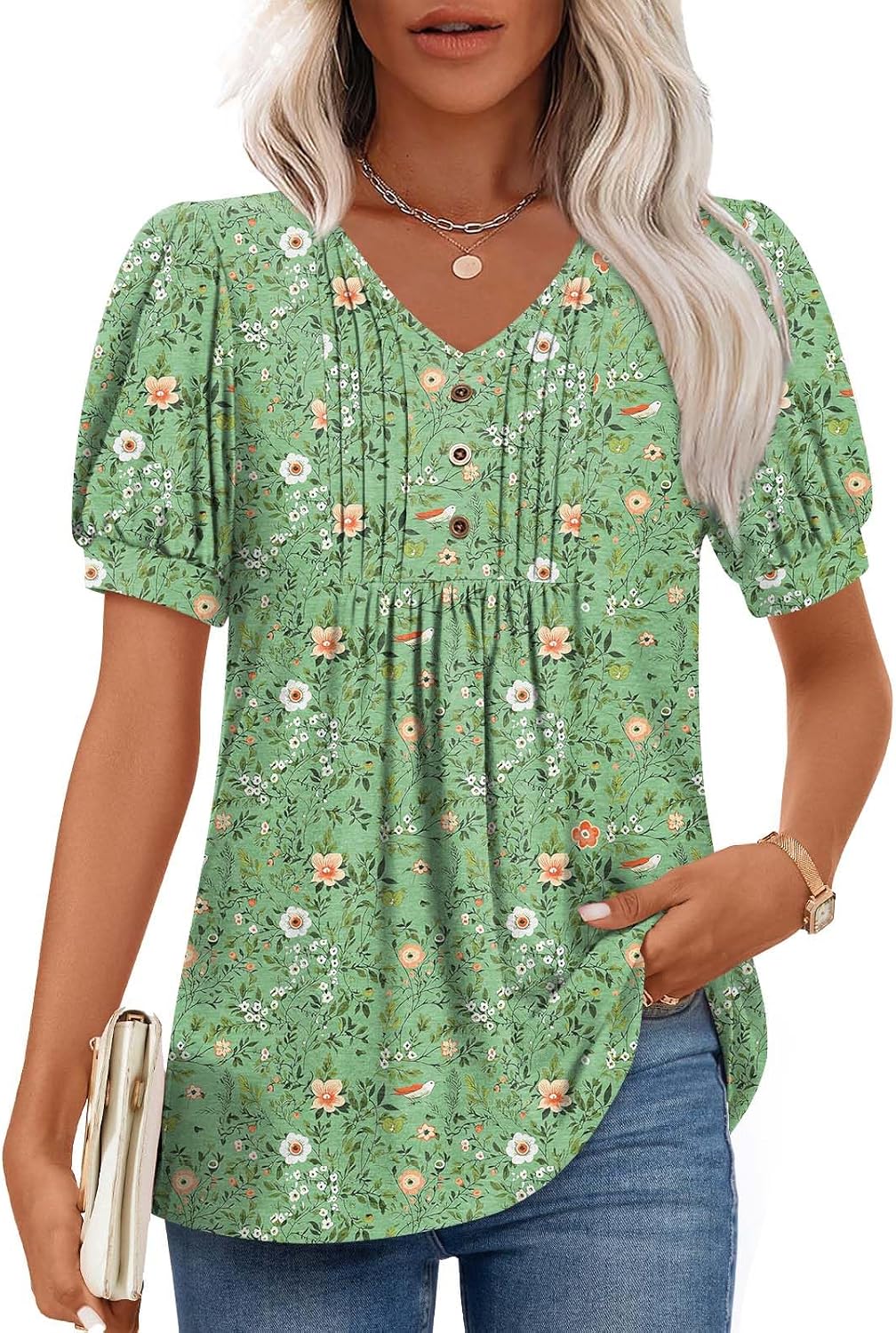 Lucille Blouse Femme – Haut à Col V avec Manches Bouffantes et Détails Boutonnés