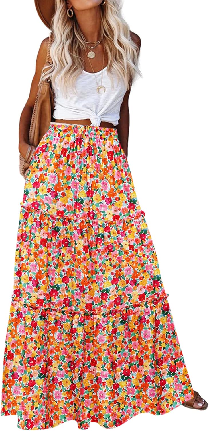 Maëlle Jupe Maxi – Jupe Longue Bohème Taille Haute à Volants avec Poches