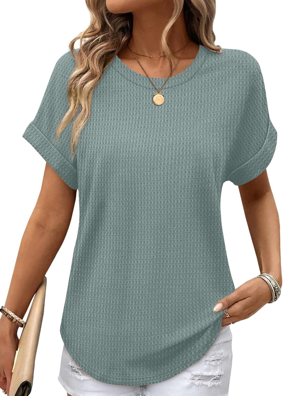 Amandine Haut Femme – T-Shirt Gaufré à Manches Revers et Ourlet Arrondi