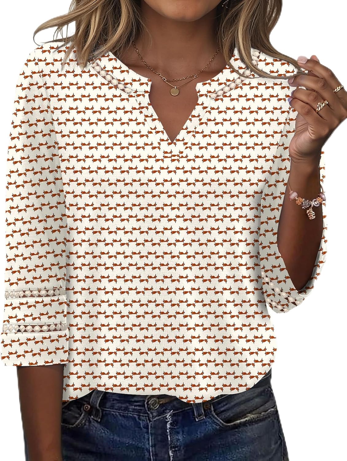Charlene Blouse Femme – Col V Brodé en Dentelle avec Manches 3/4