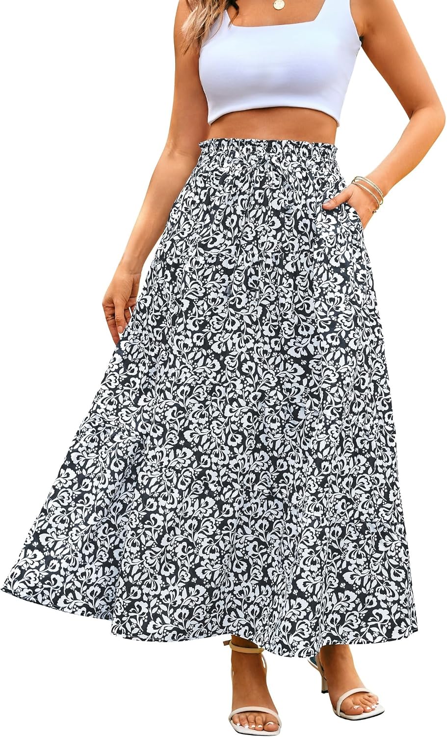 Floriane Jupe Maxi – Jupe Longue à Volants Taille Haute avec Poches Style Bohème