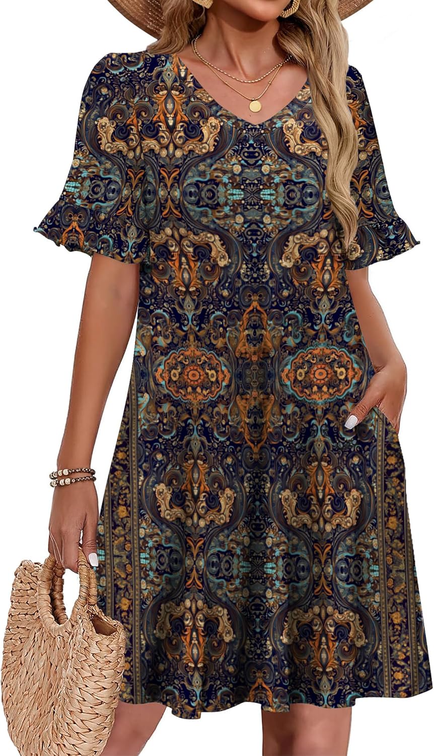 Patricia Robe Courte Femme – Coupe Trapèze Fleurie avec Col V et Poches