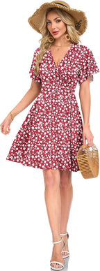 Léonie Robe Femme – Robe Évasée à Col V avec Manches Volantées et Poches