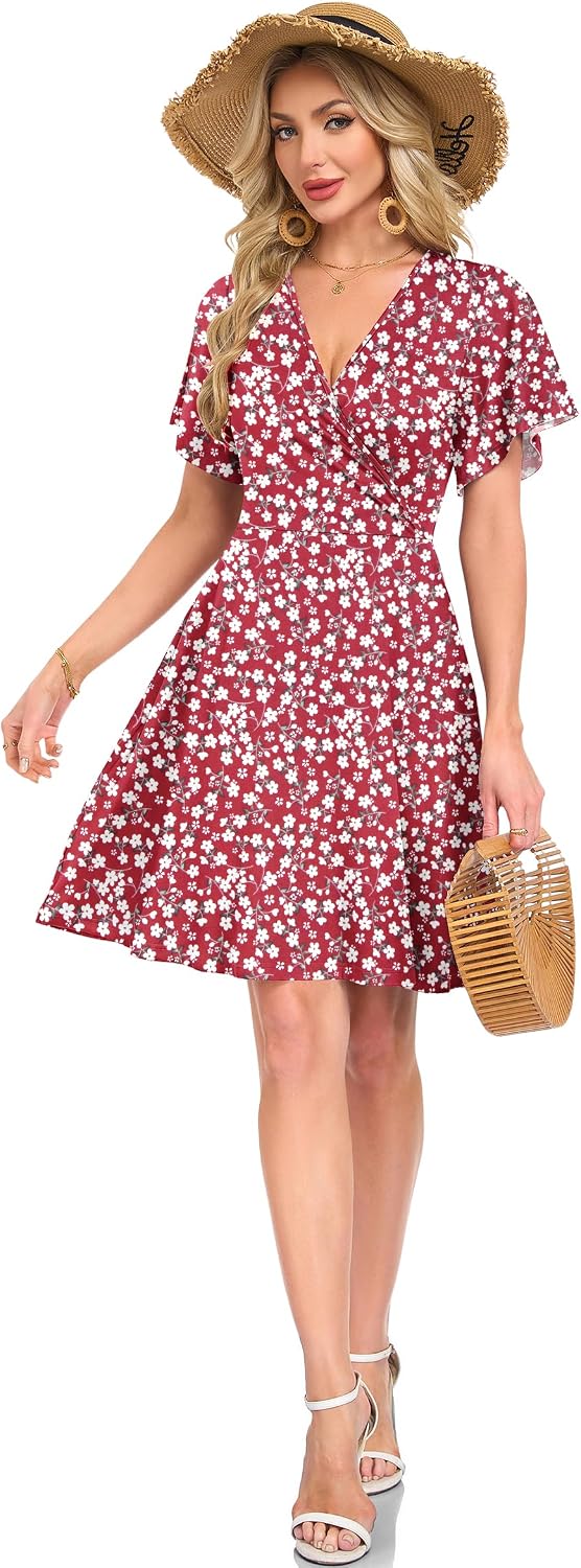 Léonie Robe Femme – Robe Évasée à Col V avec Manches Volantées et Poches