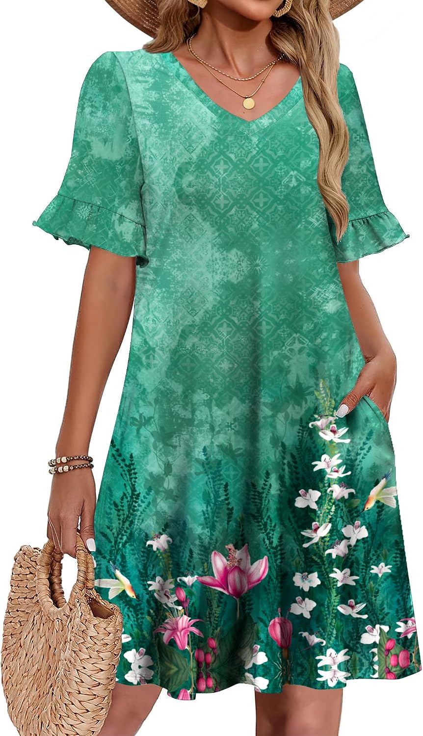 Patricia Robe Courte Femme – Coupe Trapèze Fleurie avec Col V et Poches