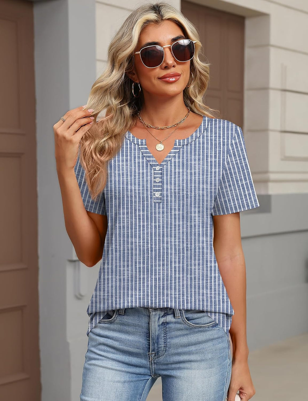 Lorraine T-Shirt Henley Femme – Haut Décontracté à Col V et Manches Courtes