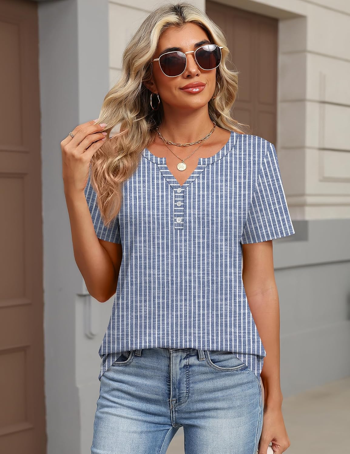 Lorraine T-Shirt Henley Femme – Haut Décontracté à Col V et Manches Courtes