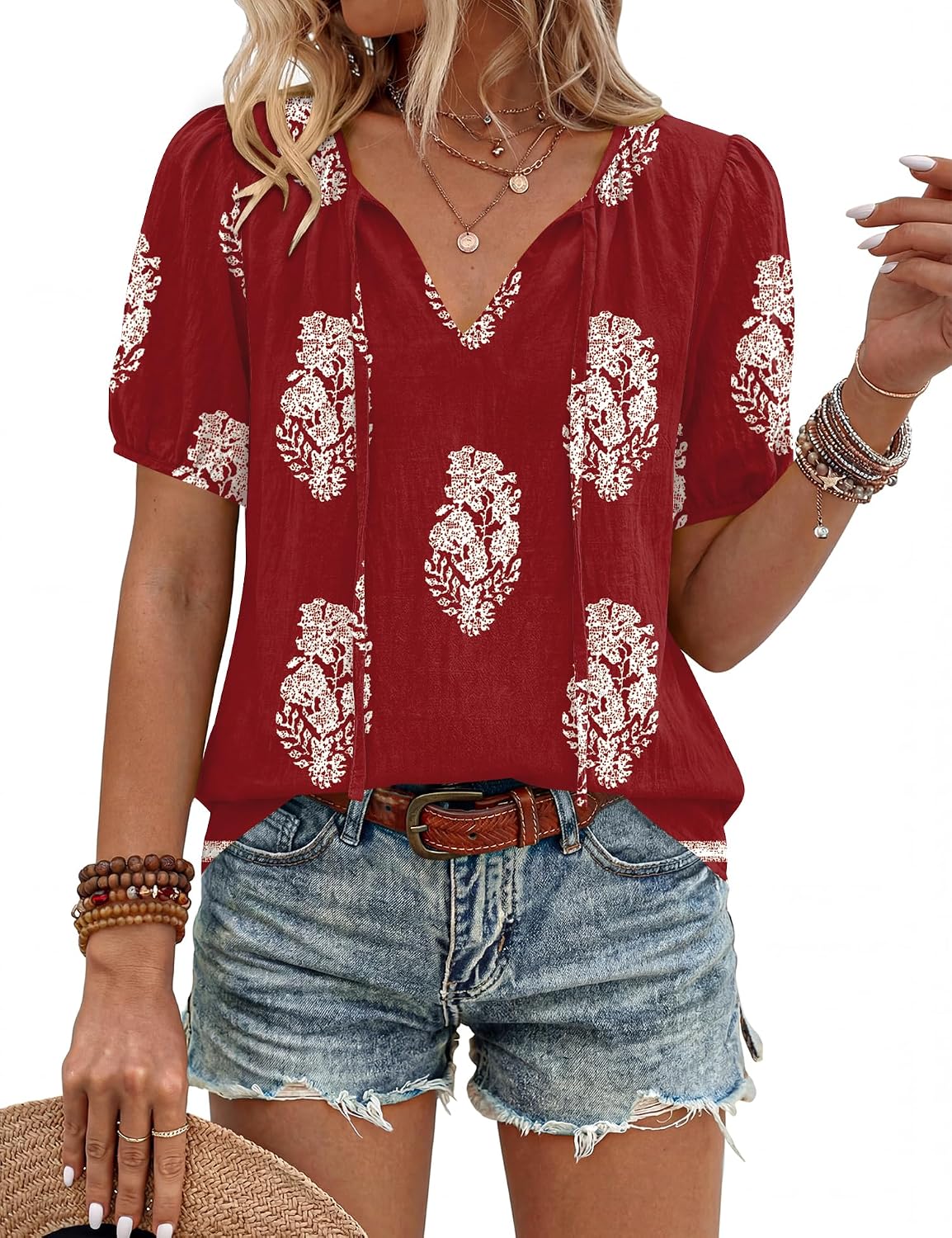 Caterina Blouse Femme – Blouse Bohème à Col V avec Liens à Nouer et Manches Courtes Bouffantes