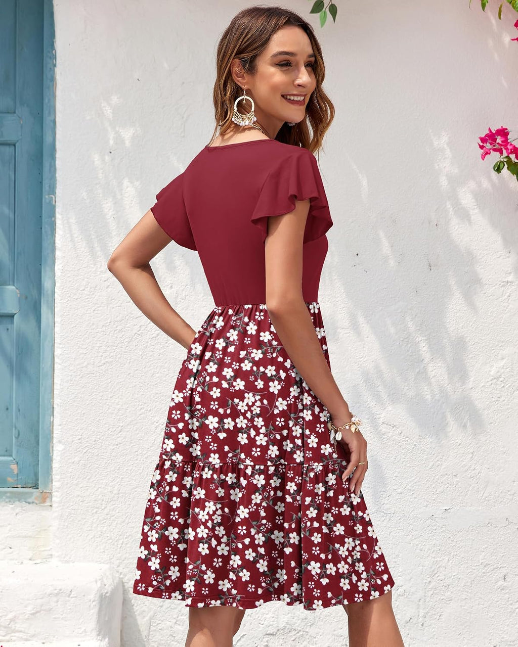 Aurélia Robe Femme – Robe Évasée à Col V avec Manches Volantées et Poches