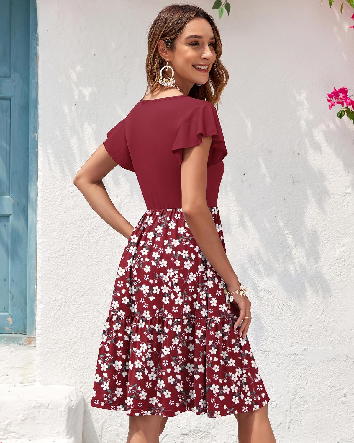 Aurélia Robe Femme – Robe Évasée à Col V avec Manches Volantées et Poches
